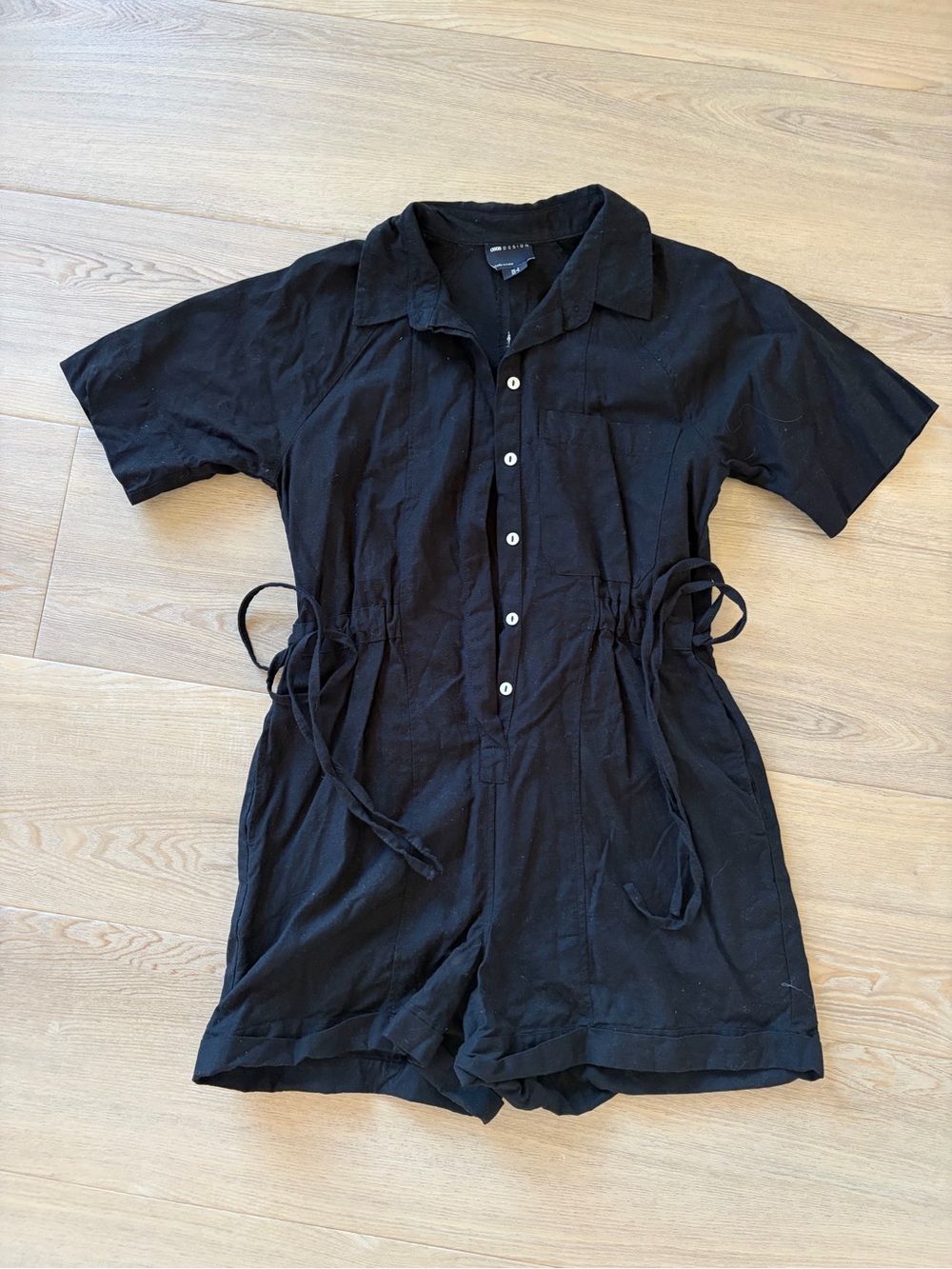 Black Linen-Like Short Sleeve Womens One-Piece Romper